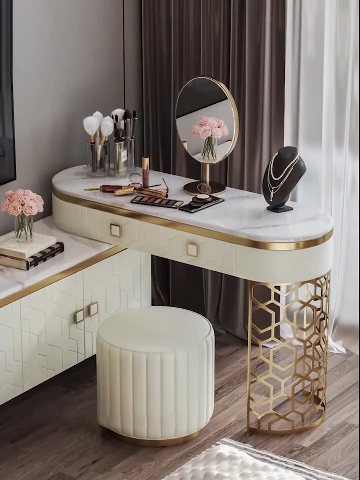 Luxury Modern Furniture Bedroom Set Dresser Golden Steel Base Makeup Vanity Dressing Table