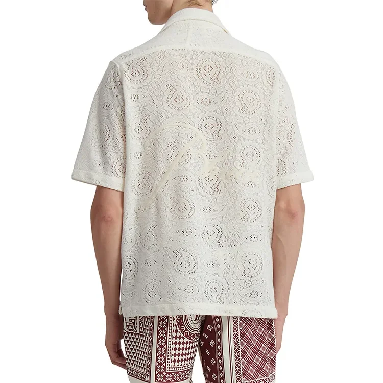 Lace Short Sleeves Crochet Shirts for Men Customized Logo Jacquard Pattern Button up Casual OEM Summer Lace Fabric Tops