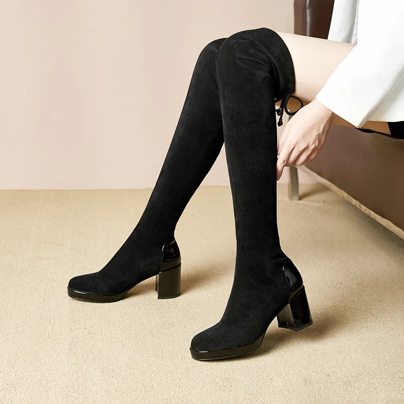 J371 China Women Handmade Fashion Winter Boots Black Long Square High Heel Over The Knee Boots