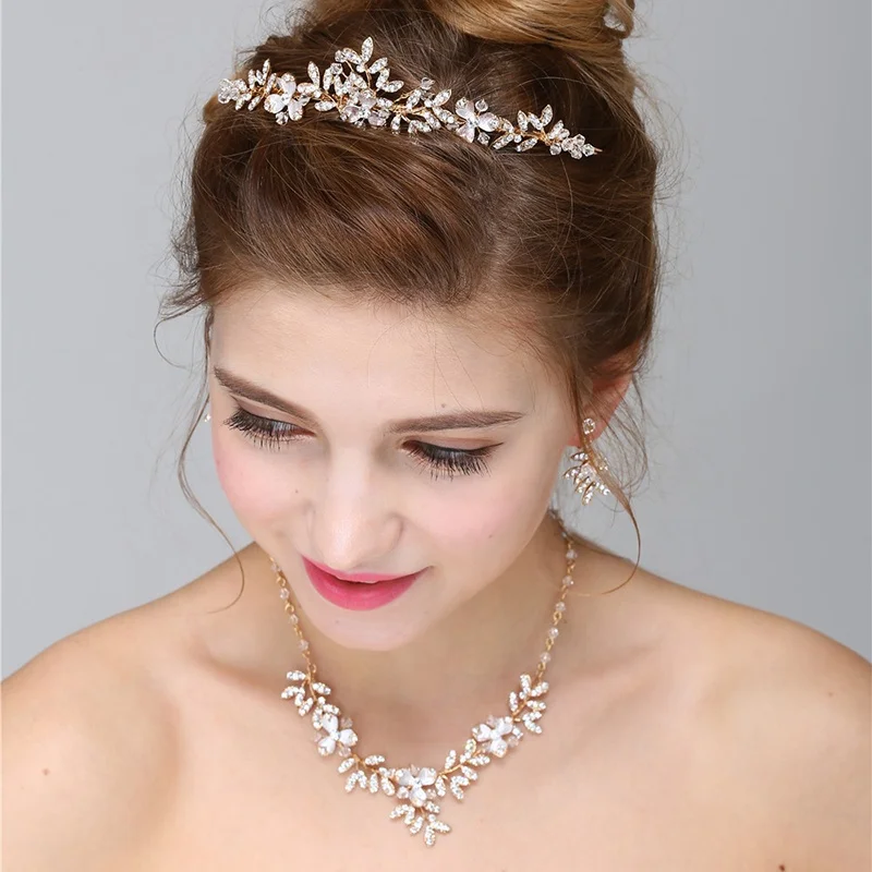 2019 Wholesale Wedding Hair Accessories Crown Handmade Crystal Diamond Necklace Earring Jewelry set For Women