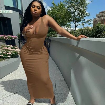 
Custom Sexy V Neck Fashion Womens Clothing 2021 Wholesale Wrap Rib Skirt Long Solid Color Plus Size Club Dress Casual Summer 