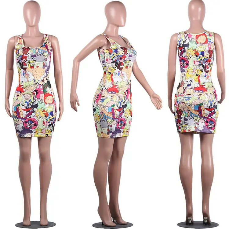 rugrats Hot selling Cartoon printing Lady Elegant Summer Sexy fashion casual Clothes Women Girls' Casual Dress