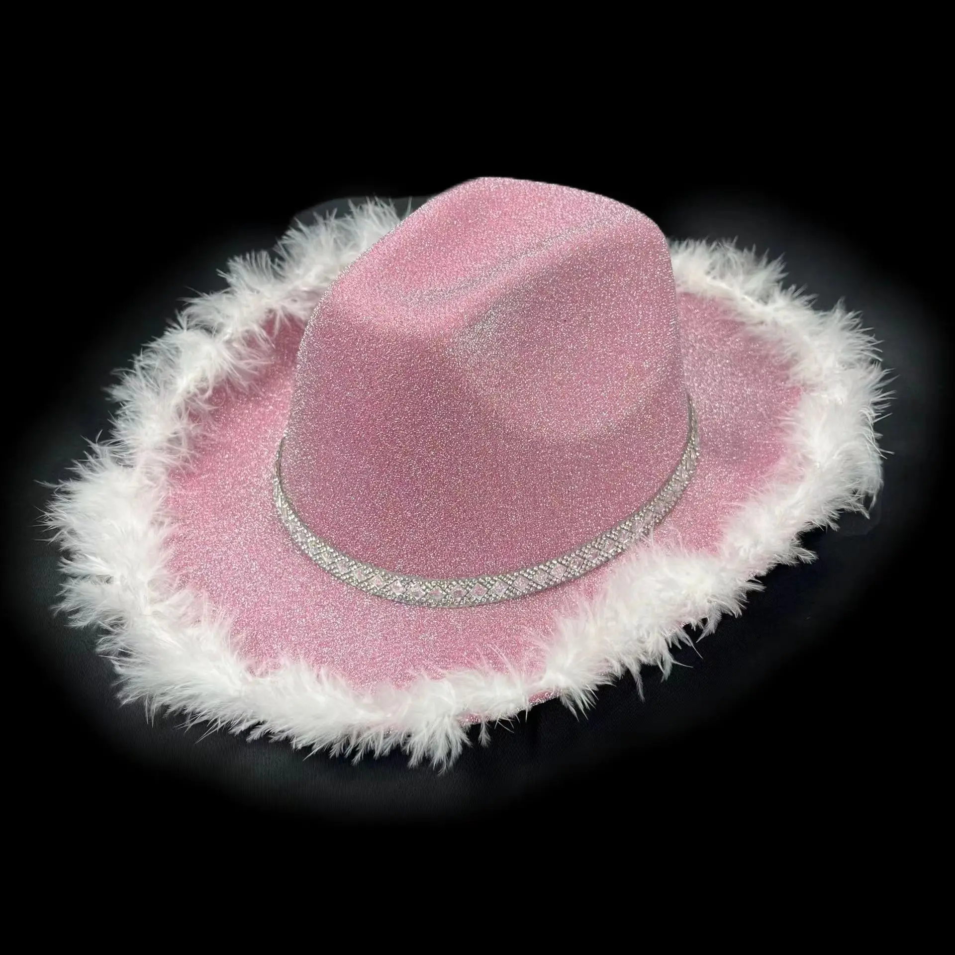 Wholesale custom western cowboy hat glitters gold pink feather edge cowboy party hat fedora hat