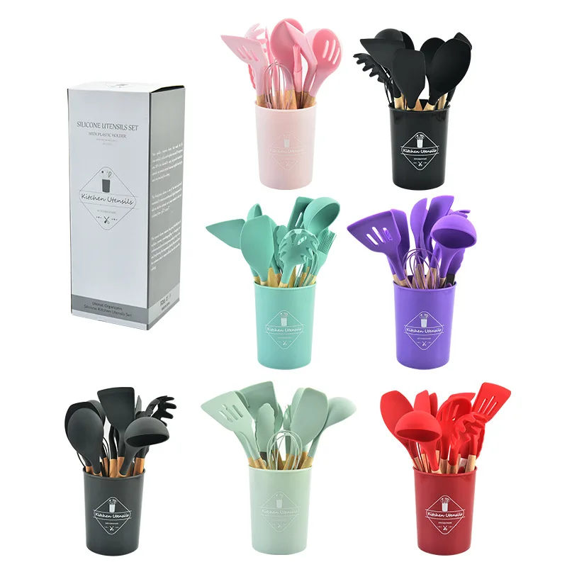 12Pcs Silicone Cooking Kitchen Utensils Set With Holder Wooden Handles Cooking Silicone Kitchen Utensil Set Spatula