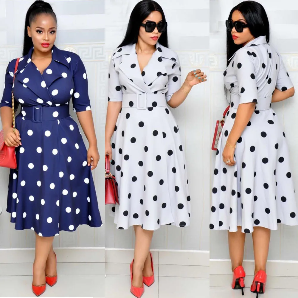 Suit Collar Point Printed Patchwork Plus-Size Women Casual dress With Belt