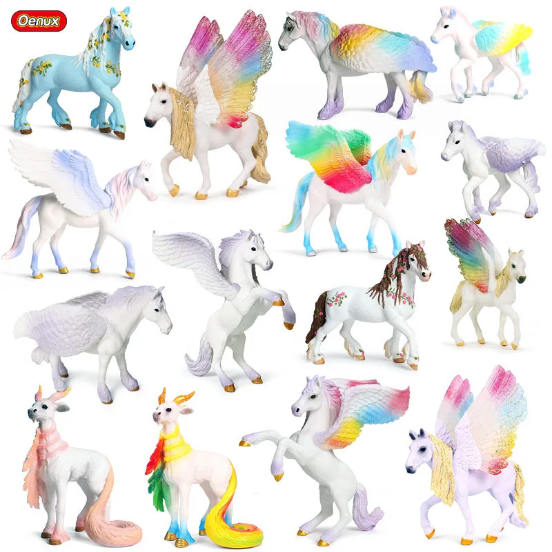 Oenux Wholesale PVC Animals Toy Fairy Tale Rainbow Fly Horse Unicorn Pegasus Elf Action Figures Model