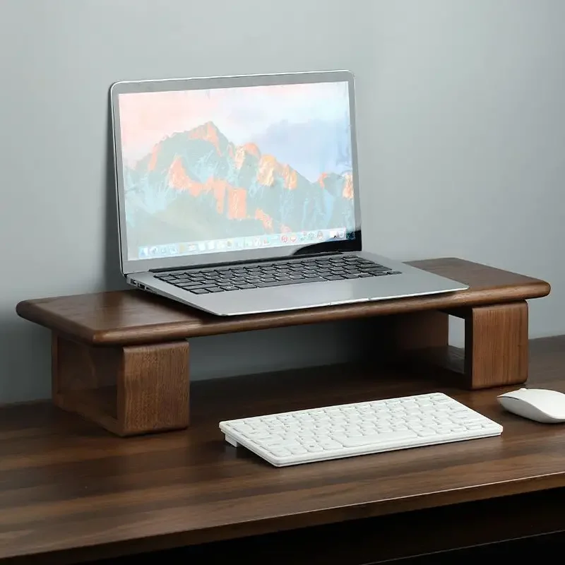 Solid Wood Screen Support Bracket Desk Space Saver Wooden Monitor Stand Riser Desktop Laptop Shelf with Storage Organizer