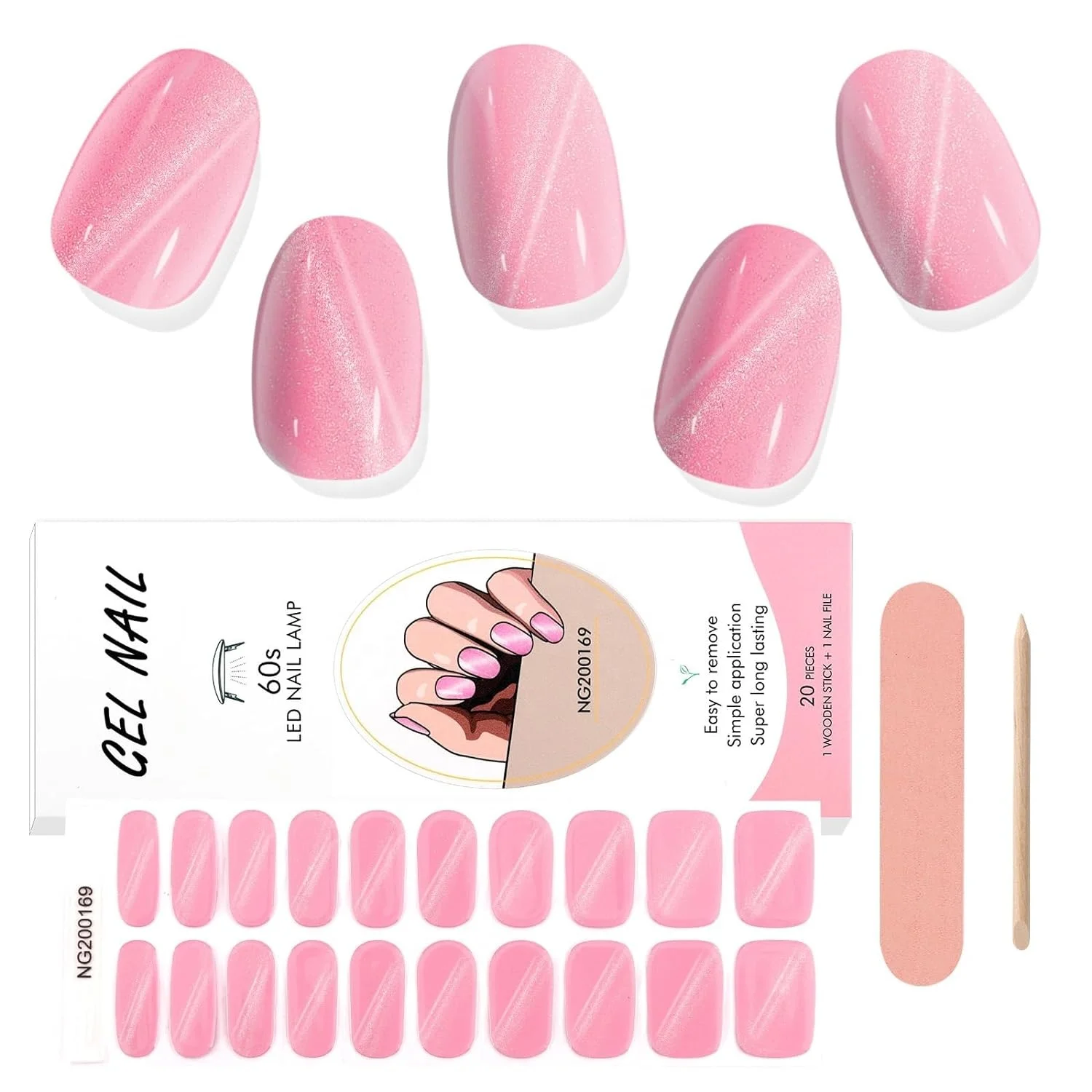 Pink Gel Nail Strips, Cat Eye Pink Full Wrap Gel Nail Polish Sticker, Magnetic Nail Wrap Brighter and Long Lasting Salon Quality