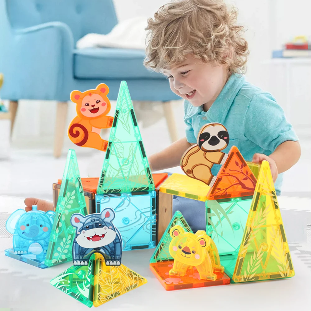 Zoo ABS Tiger Elephant Bear Jungle Forest Grassland Print Tile Magnet Set Magnetic Tile Building Blocks Educational Learn Toys