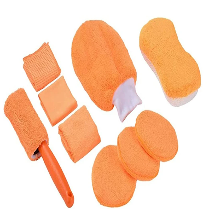 9 Pcs Wash Sponge Polishing Waxing Pad Microfiber Cloth Towels Car Cleaning Kit for Automobile Wheel Brush