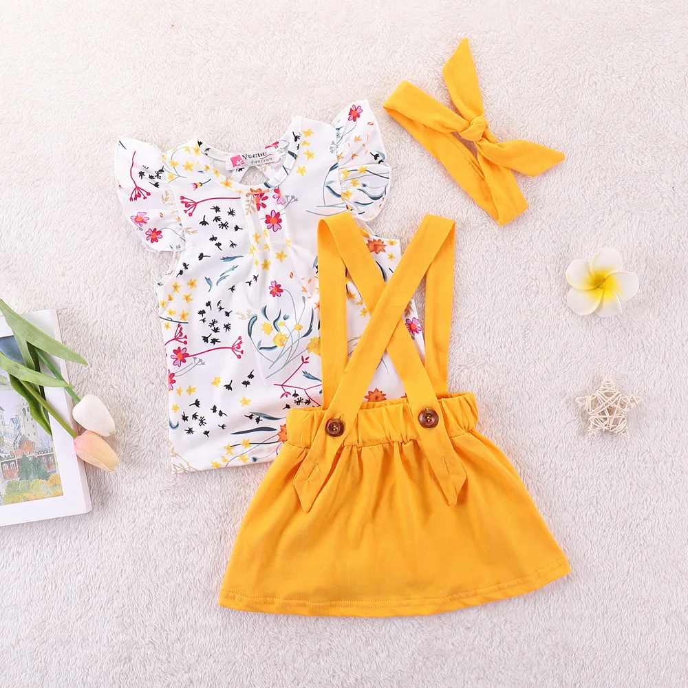 Summer Baby Girl Floral T-shirt + Skirt + Hairband 3pcs Suit Pretty babygirl clothes Children Wear