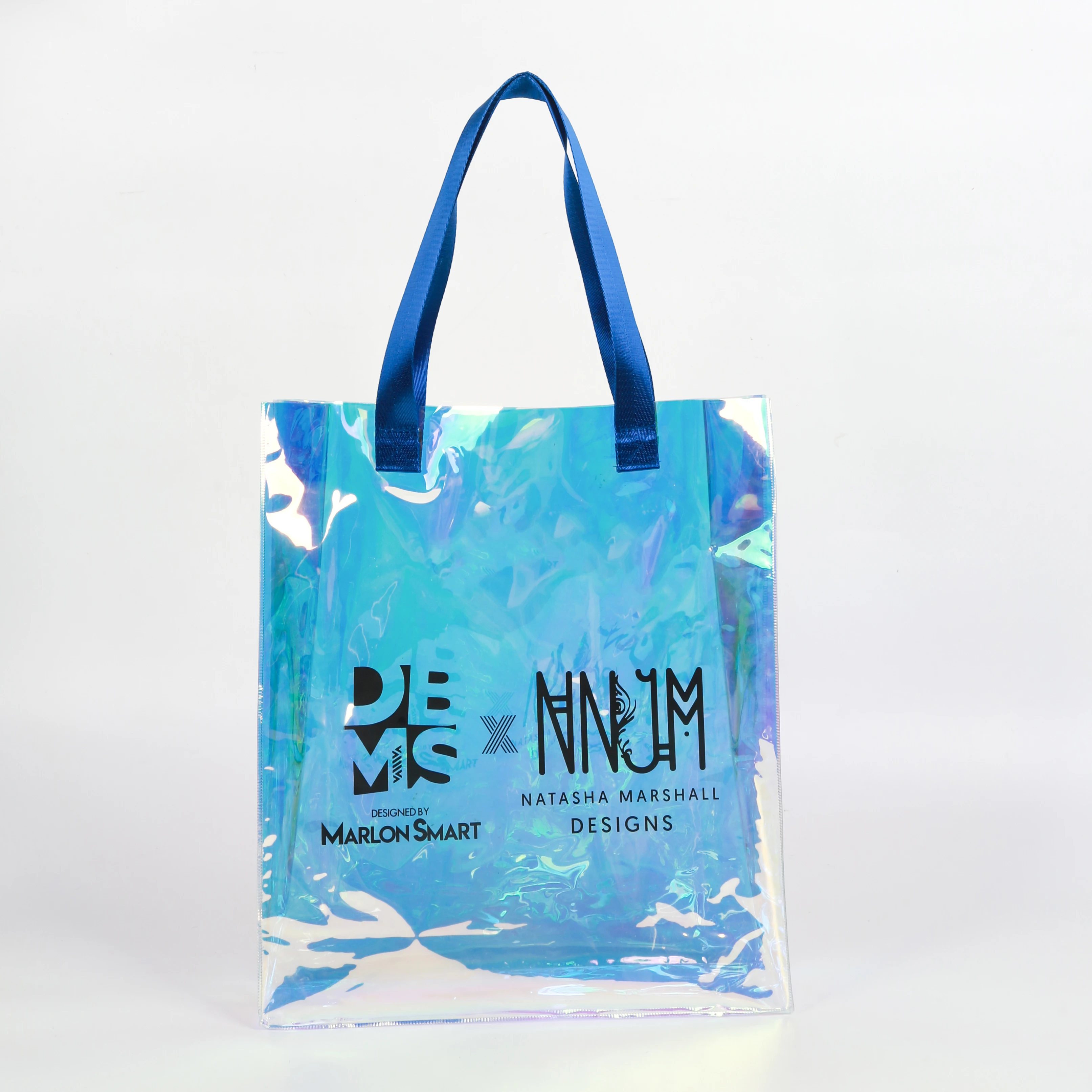 Hot Sale customized logo&size clear transparent holographic PVC Gift iridescent tote Cosmetic Bag Hologram TPU Laser Handle Bag