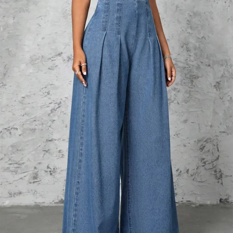 Custom Luxury Quality High Waist Casual Loose Blue Sexy Women Jeans Fashion Maxi Wide Leg Denim Pants