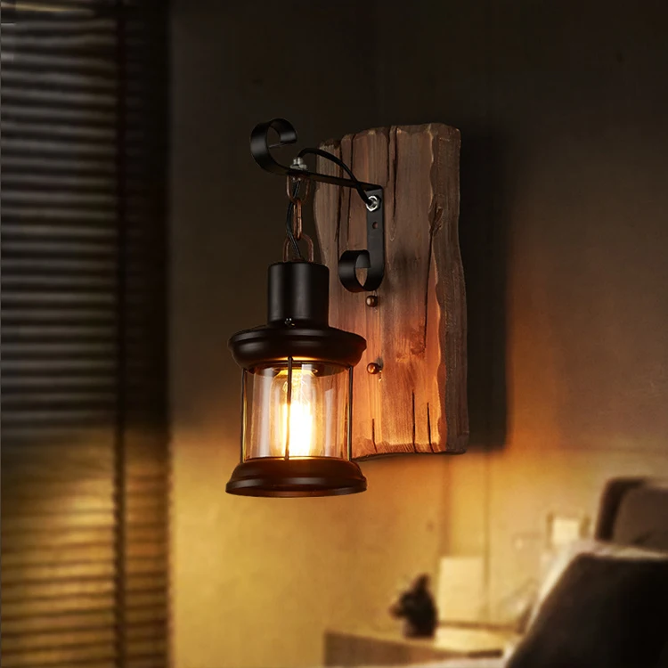 Industrial vintage wood lamp shade classic antique wall lighting decor for hotel bar factory cheap price