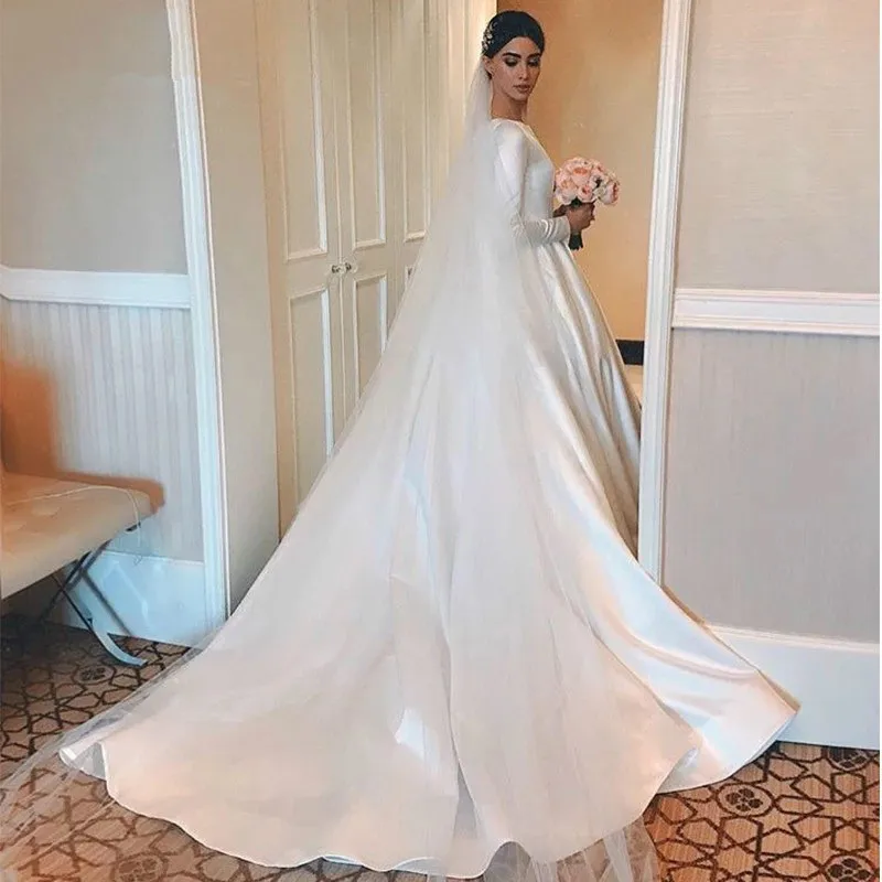 Vestido de noiva Elegant Casual Dresses White A-Line Stain Long Sleeve Princesses Bridal Gowns Wedding Dresses