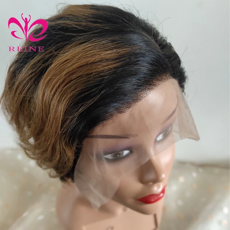 Customized Style Pixie Cut Ombre T1B/30 Color Short Bob Wigs Lace Front Wigs Wavy Hair Human Hair Wigs Brazilian Hair Swiss Lace