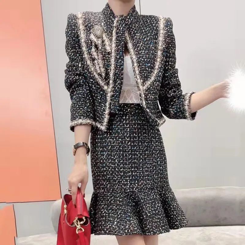 LEXIN Fall Winter Women Tweed Woolen Dress Set Vintage Pearls Sequined Jacket Coat and Skirt Suit Party 2 Piece Outfit