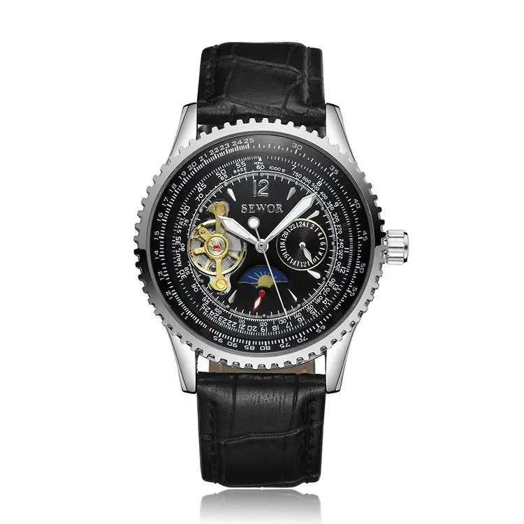 SEWOR 625 Luxury Stylish Men Mechanical Watch Vive Leather Strap Flying Tourbillon Watch Moon Phase 24 Hour Business Wrist Watch