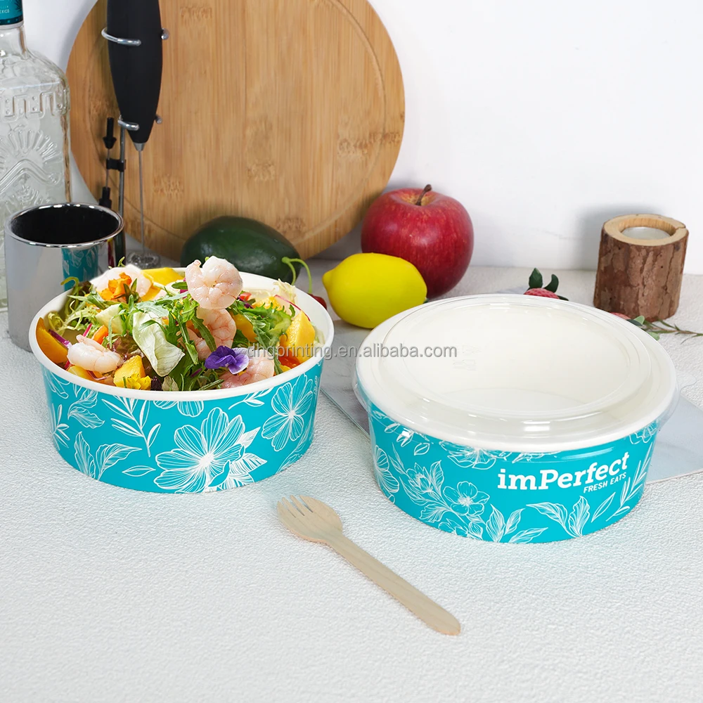 Take Away Disposable 500ml 750ml 1000ml PE Coated Fruit Noodle Soup Ice Cream Rice Salad Paper Bowl With Flat Lid