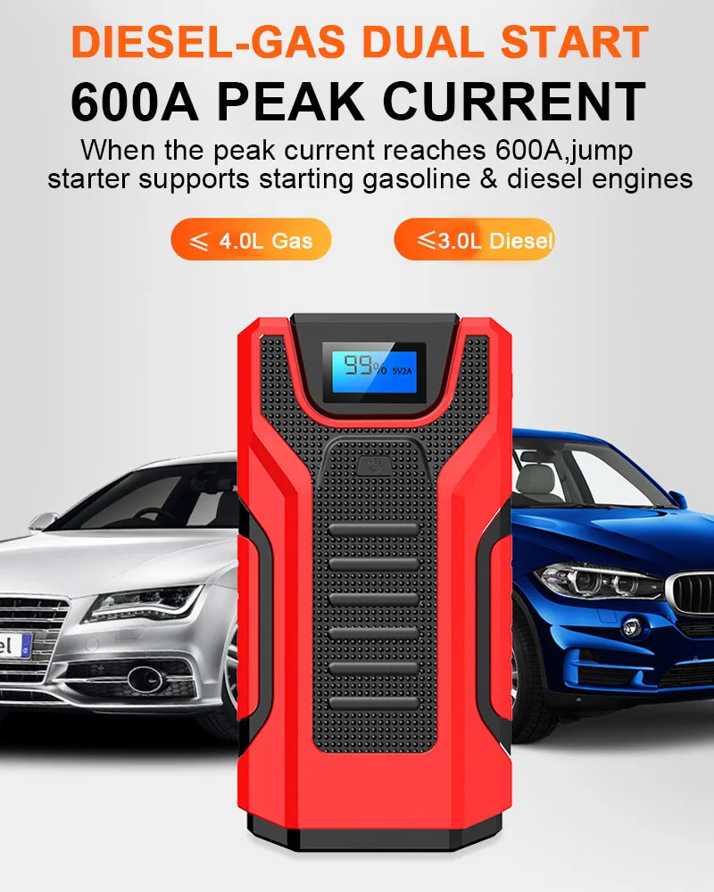 Real capacity 6000mAh 600A peak emergency auto starter power bank jump starter car battery booster with LCD