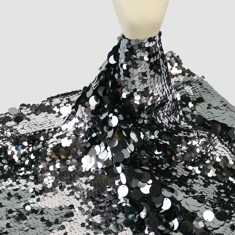 9mm 18mm Embroidery Luxury Changed Matte Black Mermaid  Large Sequin Fabric for Party Evening Dress