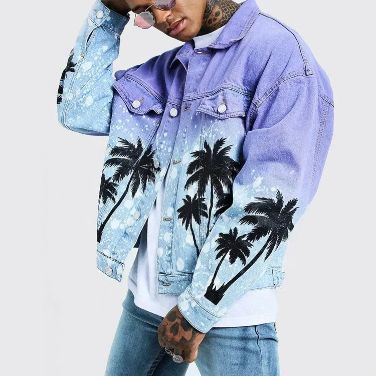 Custom Casual Mens Cotton Jeans Jacket High Quality Streetwear Purple Color Tie Dye Denim Jacket For Men