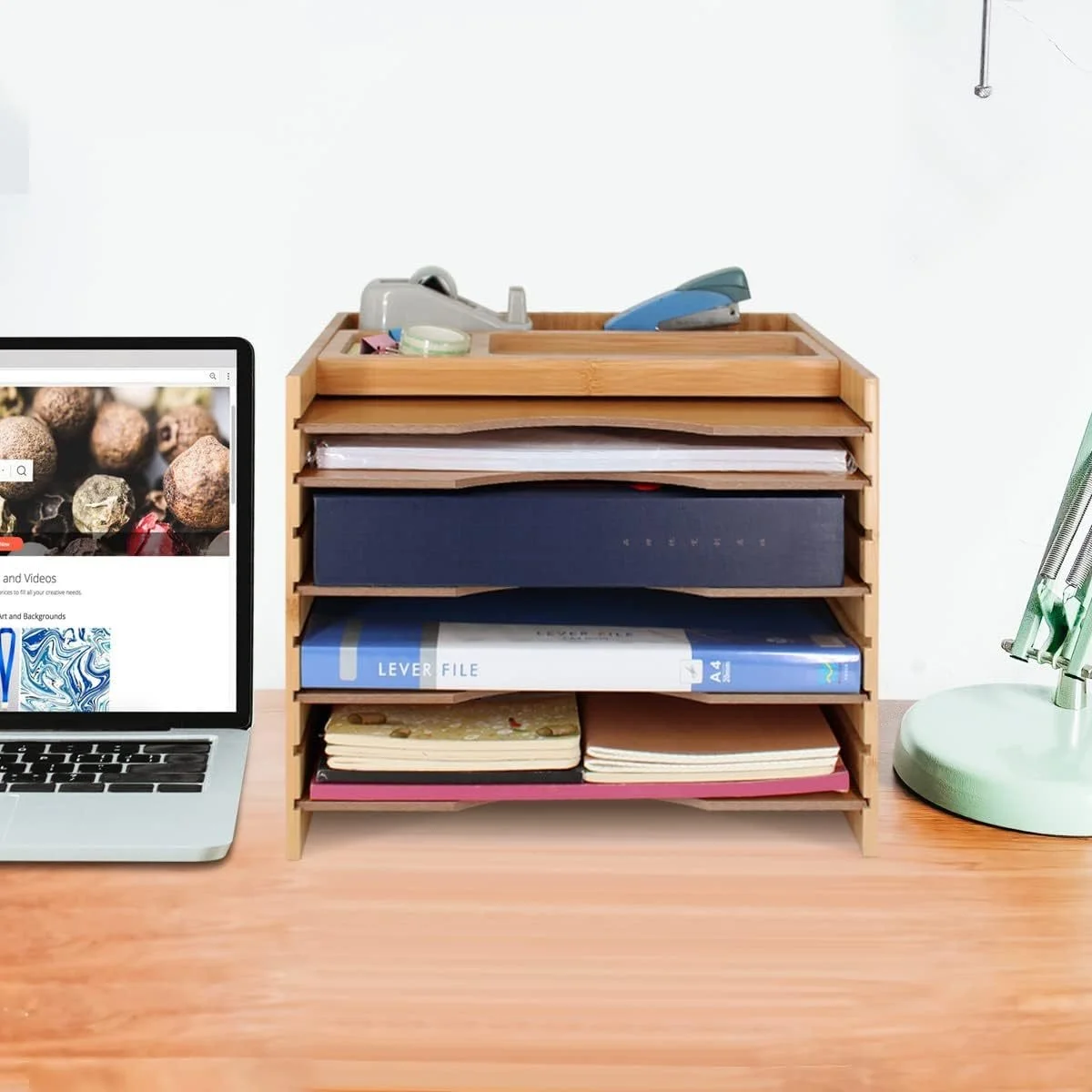 Bamboo File Storage Wooden Letter Paper Tray Plastic Mail Holder with 5 Partitions and Top Storage Compartments