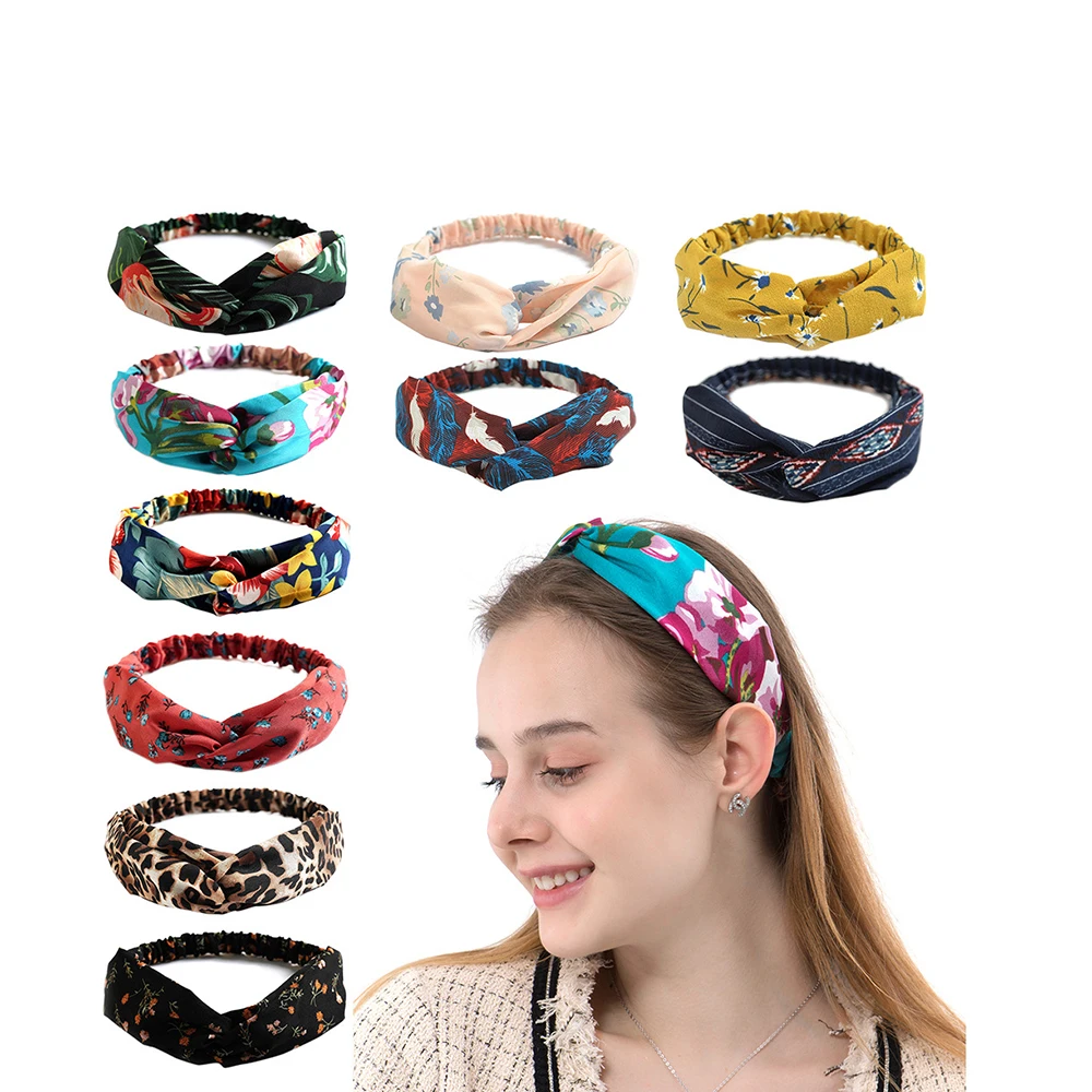 
Wholesale Stretchy Fashion Women Girls Summer Bohemian Hair Bands Print Headbands Vintage Cross Turban Bandage Bandanas HairBand 