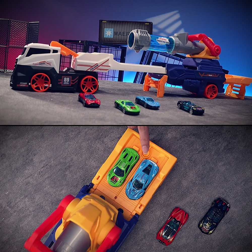 Lucky Toys Catapult Car Toys Ejection Transporter Truck Toys With Soft Bullets and 2 Alloy Car For Children