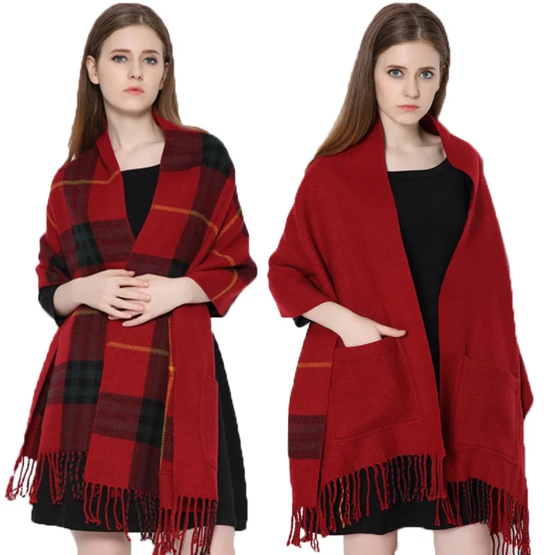 New Luxury Mink Cashmere Pocket Small Lattice Tassel Scarf Winter Warm Cloak Women Poncho Shawl