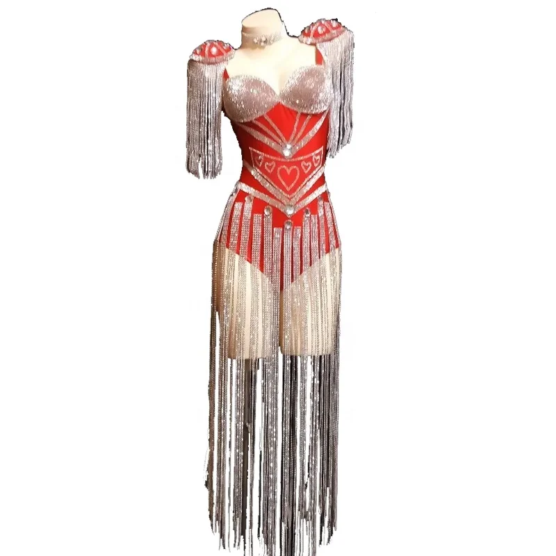 New Crystals Epaulet Sexy Women Sparkly Tassel Outfit Celebrate Costume Stage Party Singer Dance Wear Fringes Leotard