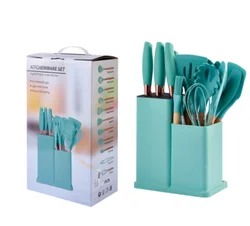 Newest 19-piece set of silica gel kitchen utensil set with wooden handle and cuttings board storage bucket kitchen gadget set