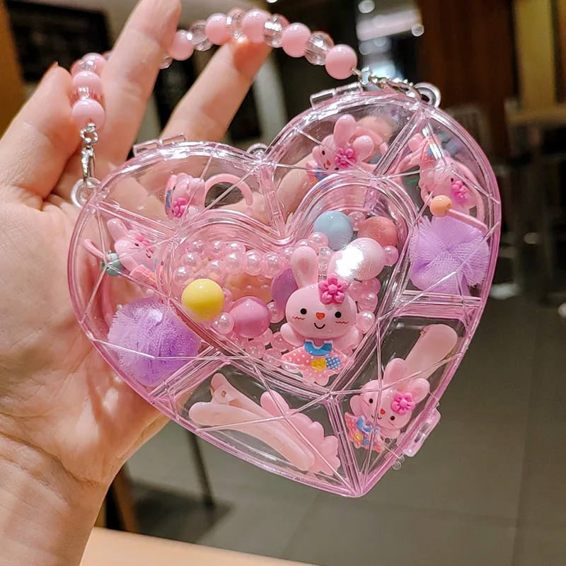 Cute Cartoon Girls Kids Necklace Bracelet Ring Hairpins Jewelry Heart Gift Box Set Princess Children Hair Accessories