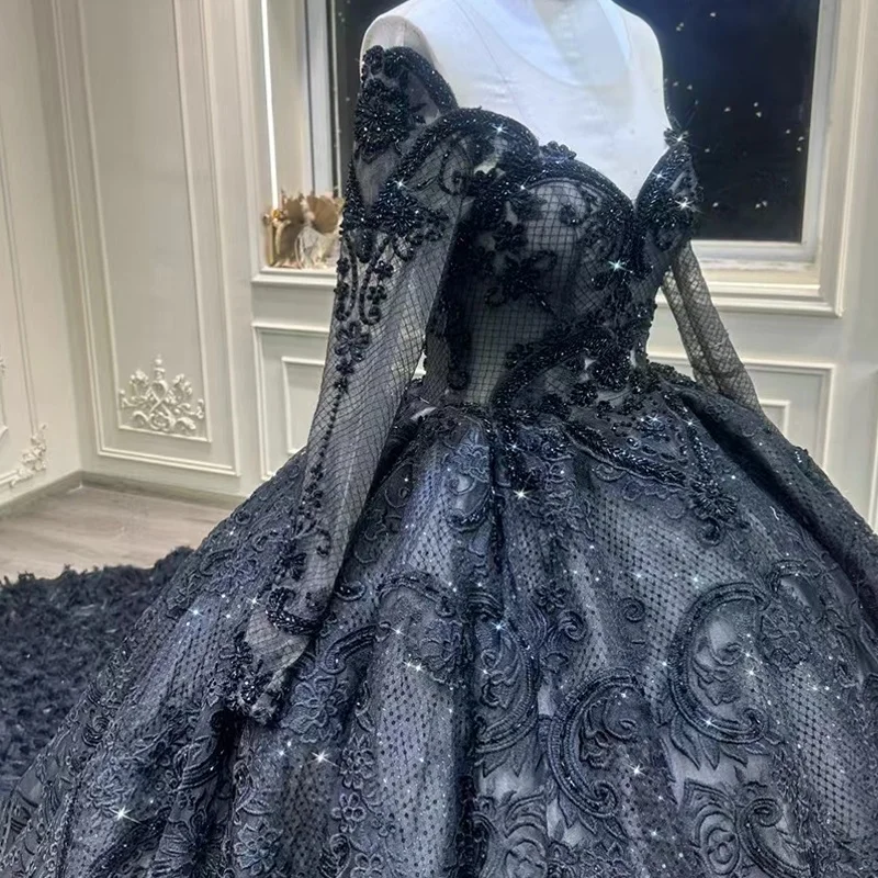 Black feather embellished large tail dress dinner long dress  wedding dress long sleeves