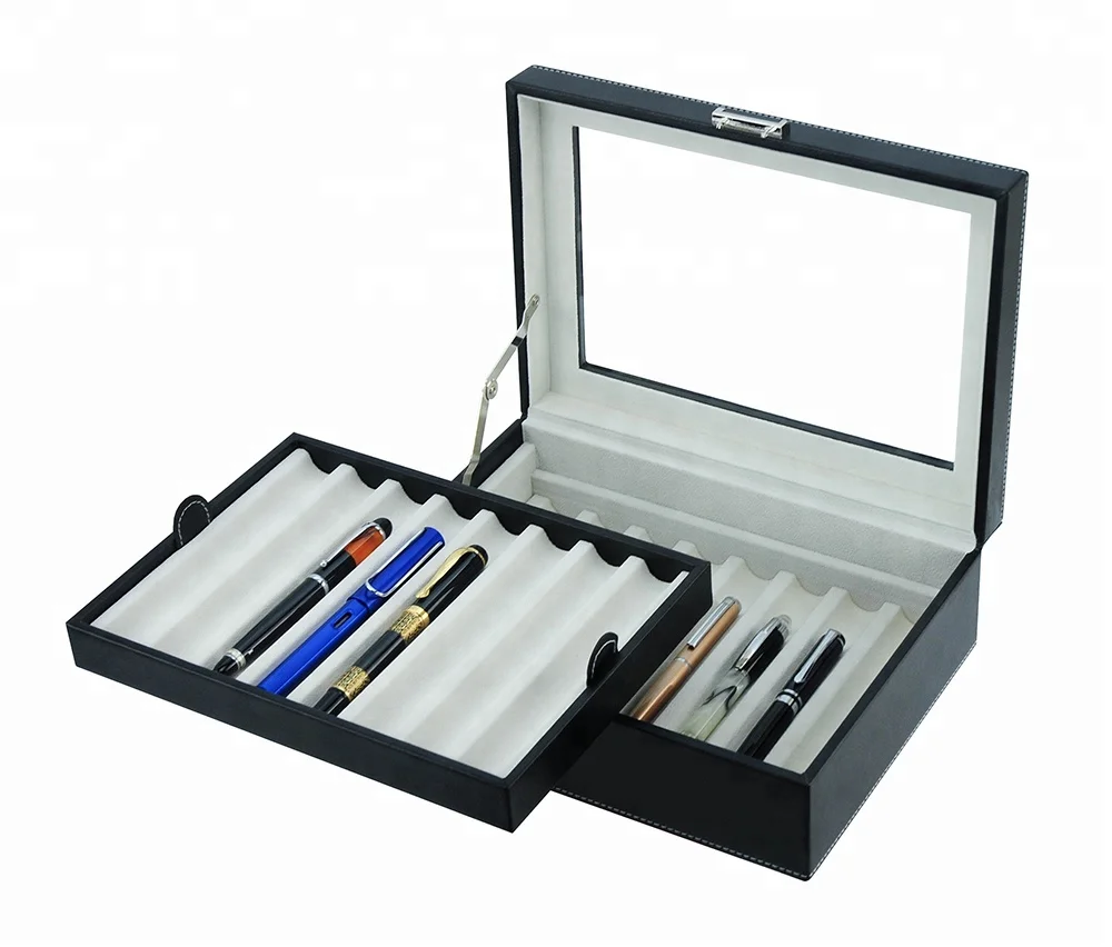 16 Slots Fountain Pen Case Black Leather Pen Display Box Storage Case with Lock