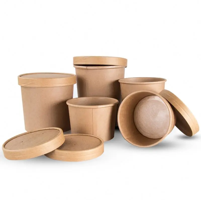Disposable degradable Kraft Paper Soup Cup Bowl with Lid for Ice Cream Soup Dessert Cake Party Tableware Bowl