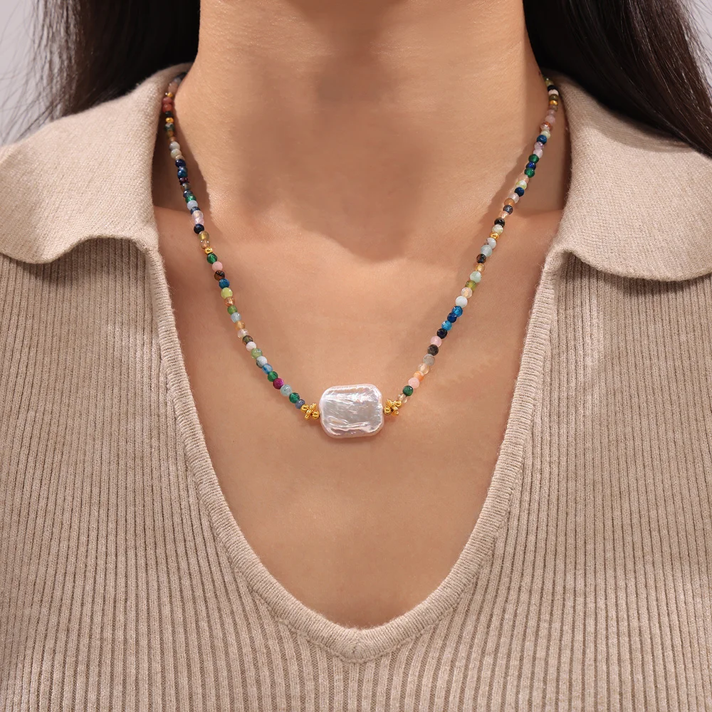 Baroque fashion new cut natural stone necklace colorful personality beaded titanium steel plated 18k gold clavicle chain