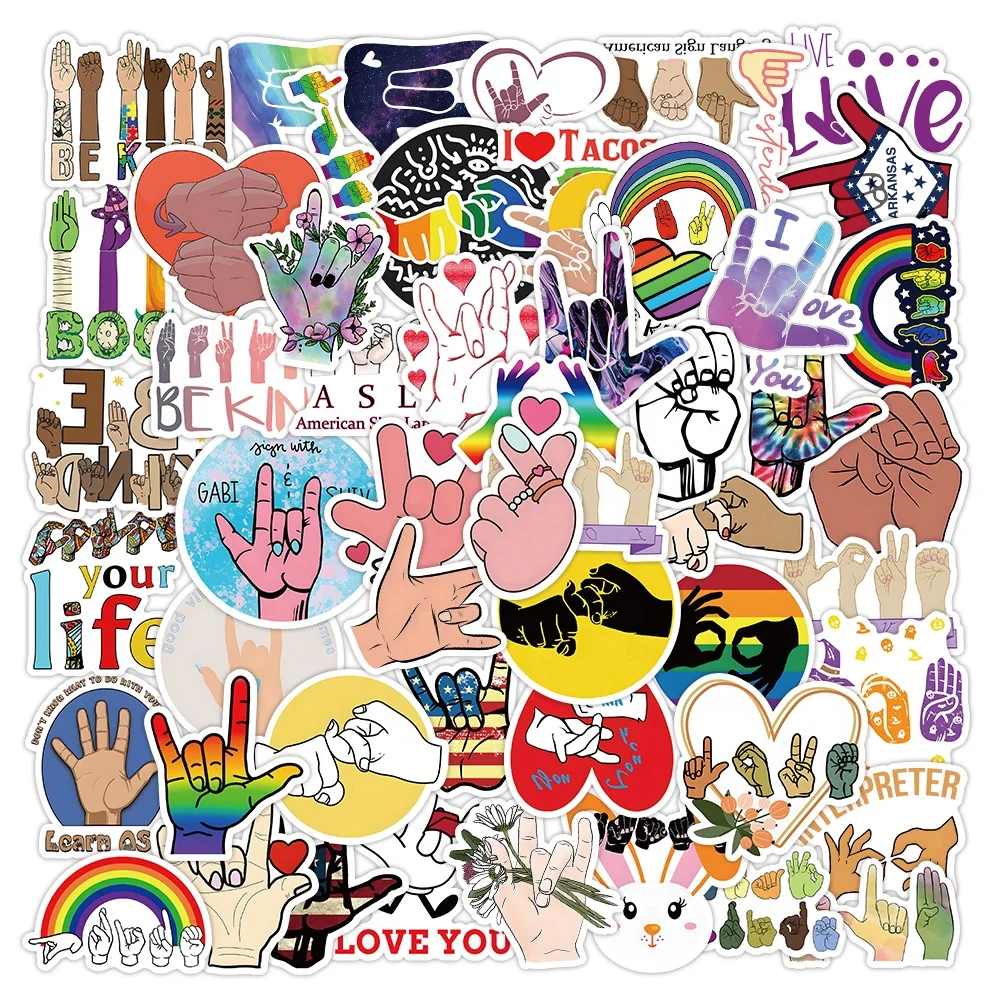 50pcs Graffiti American Sign Language Stickers Custom Waterproof PVC Die Cut Dec Water Bottle phone Wall ASL Cartoon Stickers