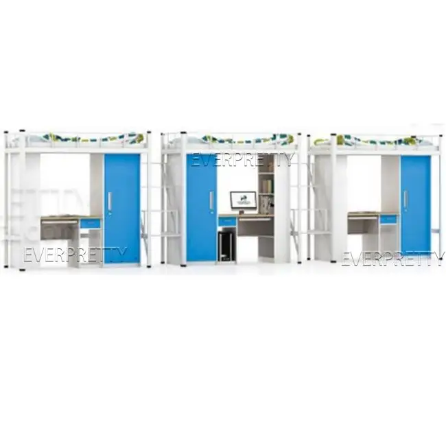 Color Customized Dormitory Furniture Adult Steel Triple Loft Bed with Desk Bookshelf