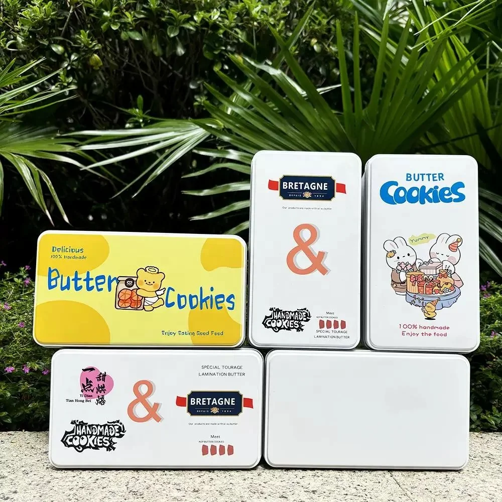 Custom Logo White Rectangular Metal Can Crafts Snack Food Storage Empty Cookie Tins