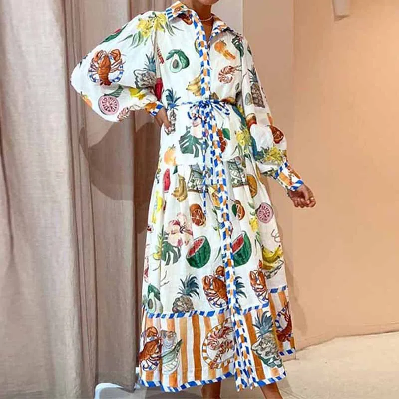 Summer Floral Print Casual lapel Neck Puff long Lantern Sleeve Ruffled Women dress Irregularity long Dress with belt For Women