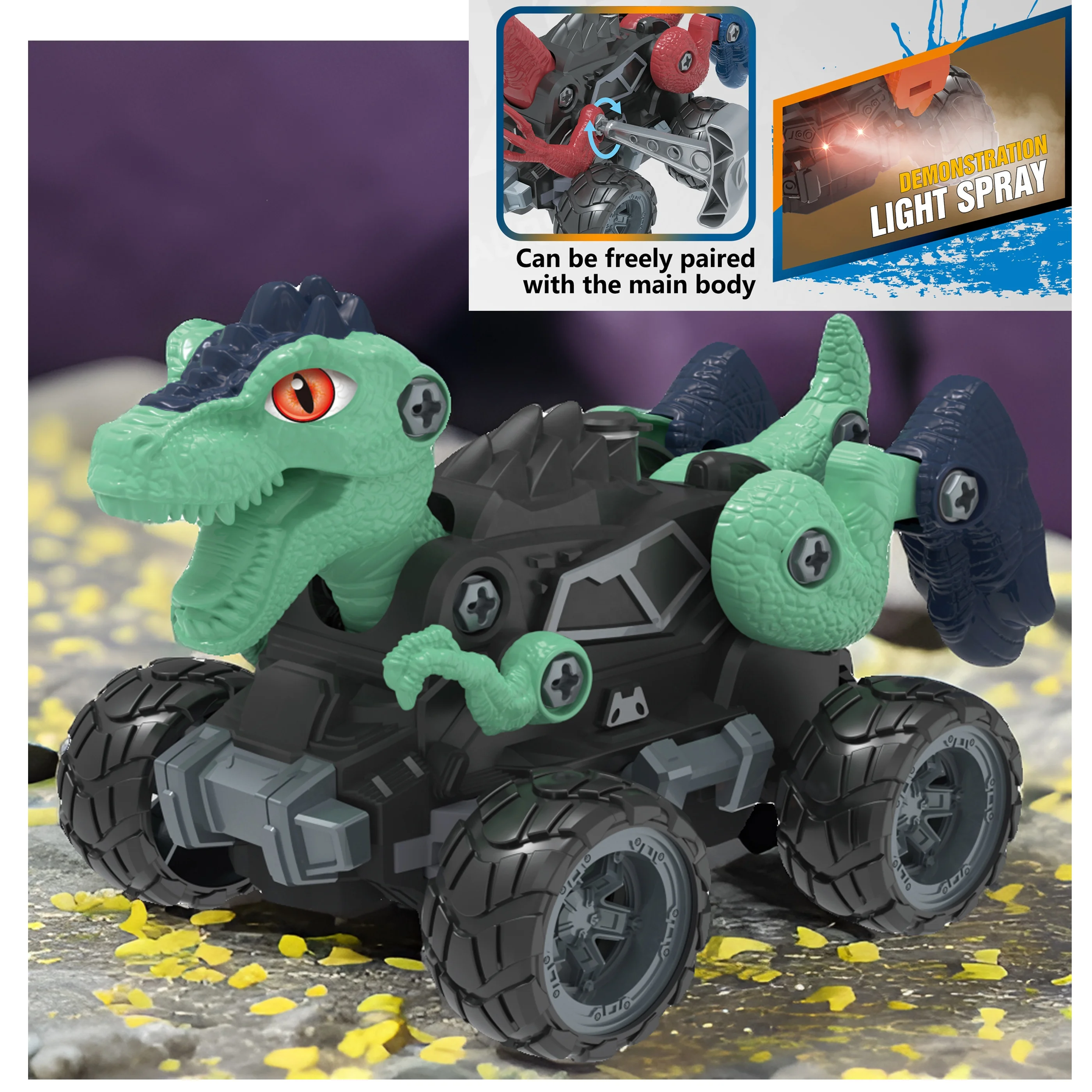 KK 2.4G DIY Dinosaur Monster Truck Toy Car with Light Mist Spray,Rechargeable Assemble Remote Control Dinosaur Car,Education Toy