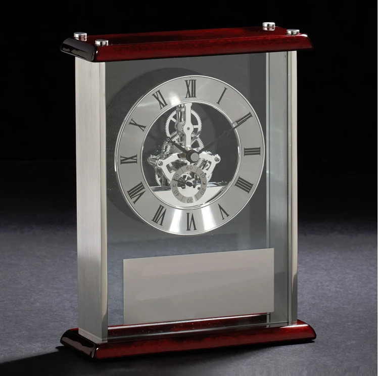 Personalized Gift Engraved Logo Enclosed in Glass Gold Brass Desktop Clock