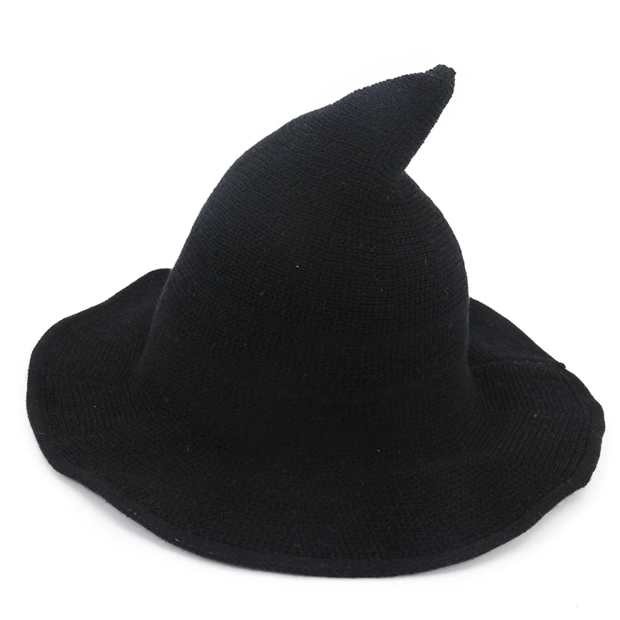 SH-1007 Women Wide Brim Foldable Pointed Women Halloween Witch Hat Wool Knitted Cap for Party Masquerade Cosplay Costume