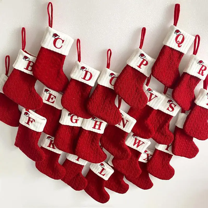 Wholesale A to Z Red Knitted Socks Xmas Stocking Props Christmas Decoration Candy Socks