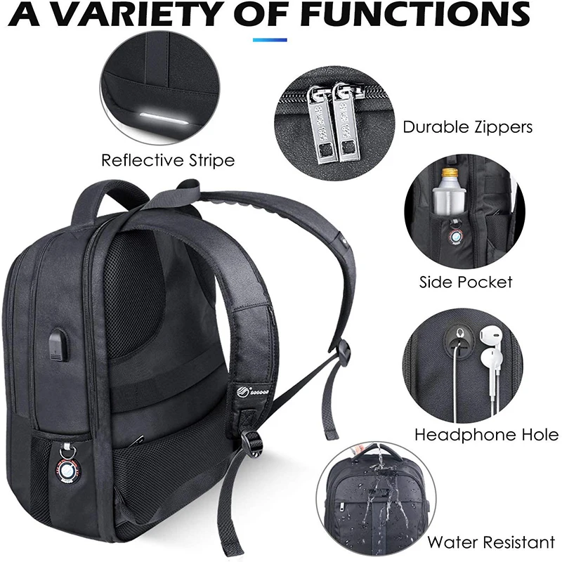 Laptop Backpack Business Bags with USB Charging Port Anti-Theft Water Resistant Polyester School Bookbag for College Travel Back