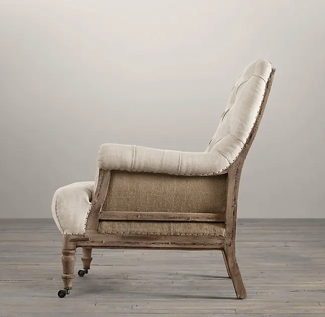 French country style oak wood frame linen upholstery leisure chair retro tufted arm chair wooden furniture for living room