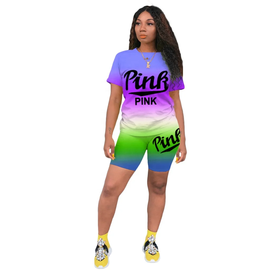 
GQ2536 hot sale two piece casual set women rainbow gradient printing women sets two piece shorts casual two piece set 