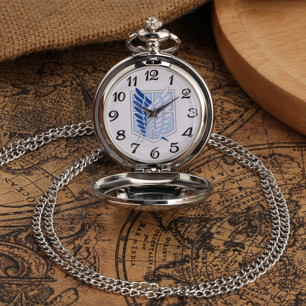 Retro Anime Hollow Pocket Watch Creative Wing Sliver Necklace Chain M,en Quartz Clock Attack On Titan Pocket Watch