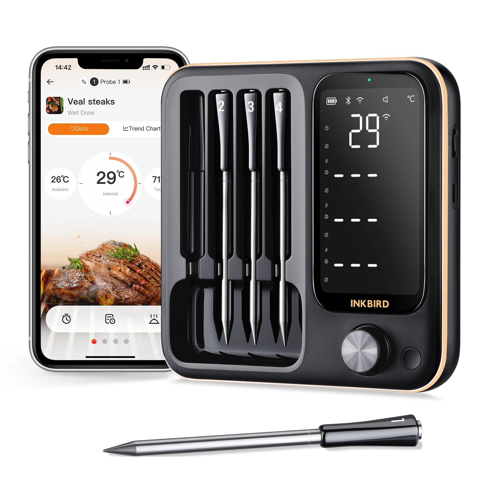 INKBIRD INT-14-BW Three-Mode wireless meat thermometer with four probes for grilling and smoking